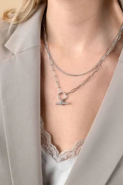 Zinzi zilveren schakel ketting 50cm met multilook: combinatie van gourmet en paperclip schakels en trendy T-bar bezet met witte zirconia's ZIC2462