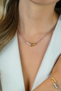 Hot Zinzi zilveren schakelketting met twee verbonden ovale schakels: één gold plated, de ander bezet met witte zirkonia's 42-45cm ZIC2758
