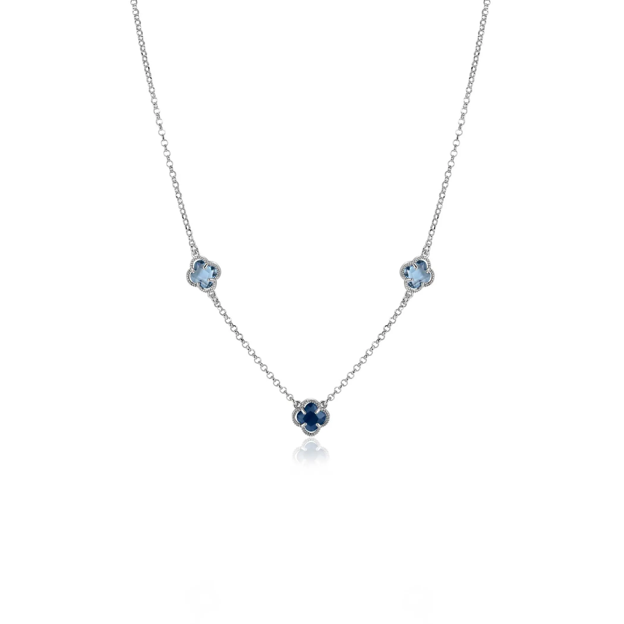Online Zinzi zilveren schakelketting met twee lichtblauwe klavers en een donkerblauwe klaver 42-45cm ZIC2663B