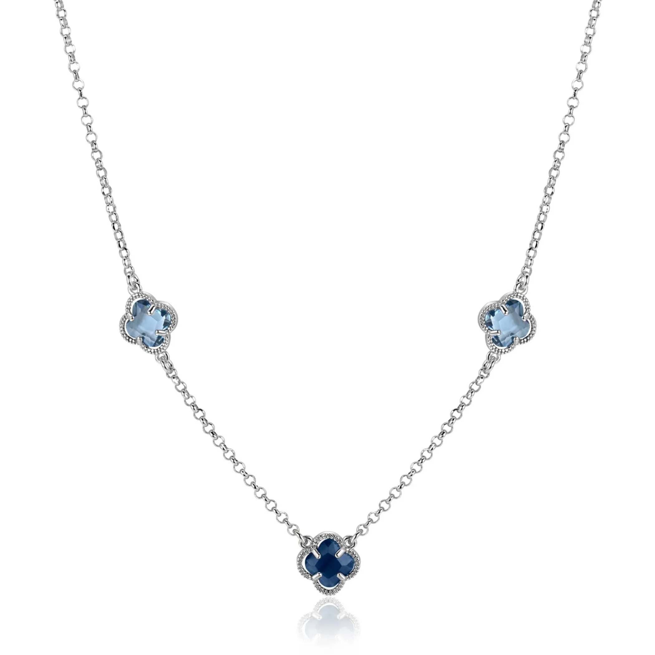 Online Zinzi zilveren schakelketting met twee lichtblauwe klavers en een donkerblauwe klaver 42-45cm ZIC2663B