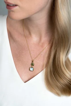 New Zinzi zilveren tweezijdige hanger 14K geel verguld vierkant met zwarte onyx en wit parelmoer 30mm ZIH2257G (zonder collier)