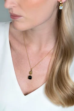 New Zinzi zilveren tweezijdige hanger 14K geel verguld vierkant met zwarte onyx en wit parelmoer 30mm ZIH2257G (zonder collier)