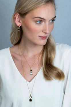 New Zinzi zilveren tweezijdige hanger 14K geel verguld vierkant met zwarte onyx en wit parelmoer 30mm ZIH2257G (zonder collier)